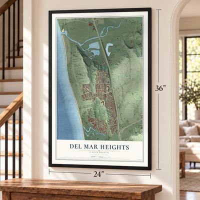 Del Mar Heights, California map, 24 x 36 inch print in a black frame by a staircase