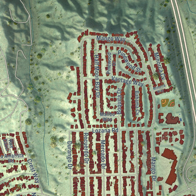 Close-up of the map of Del Mar Heights, California print showing street and building detail