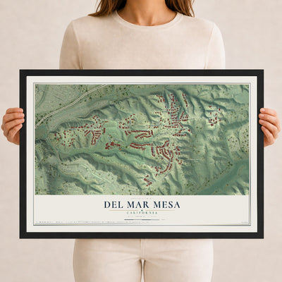 Map of Del Mar Mesa, California, 12 x 18 inch print in a black wood frame
