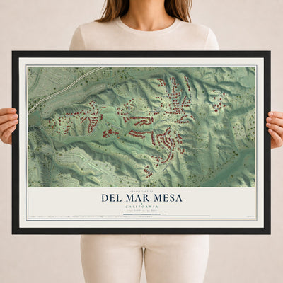 Map of Del Mar Mesa, California, 18 x 24 inch print in a black wood frame