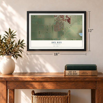 Del Rey, California map, 12 x 18 inch print in a black frame in an entryway