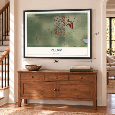 Del Rey, California map, 24 x 36 inch print in a black frame above a dresser by a staircase