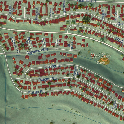 Close-up of the map of Del Rey Oaks, California print showing street and building detail
