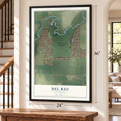 Del Rio, California map, 24 x 36 inch print in a black frame by a staircase