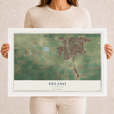 Map of Delano, California, 12 x 18 inch print in a white wood frame
