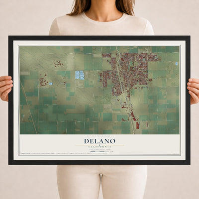 Map of Delano, California, 18 x 24 inch print in a black wood frame