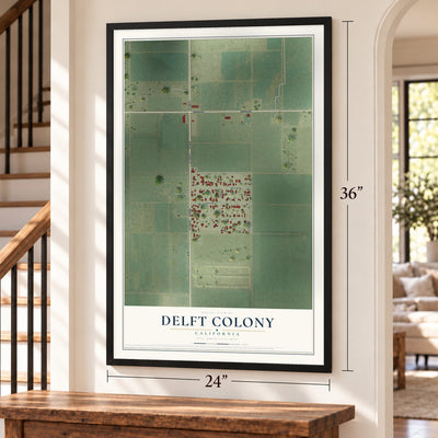 Delft Colony, California map, 24 x 36 inch print in a black frame by a staircase