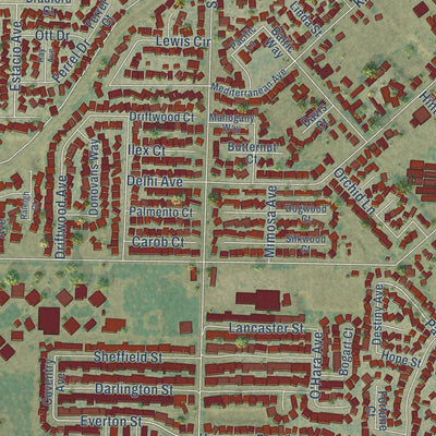 Close-up of the map of Delhi, California print showing street and building detail