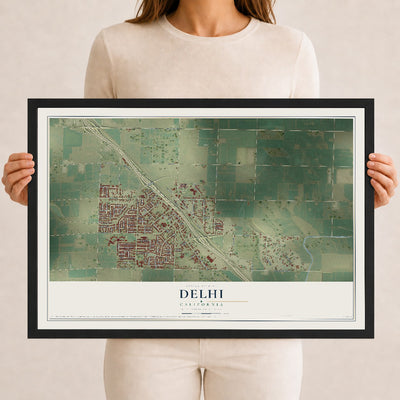 Map of Delhi, California, 12 x 18 inch print in a black wood frame
