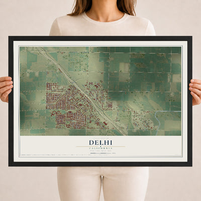 Map of Delhi, California, 18 x 24 inch print in a black wood frame