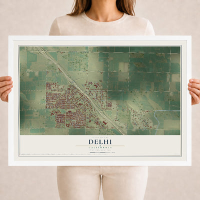 Map of Delhi, California, 18 x 24 inch print in a white wood frame