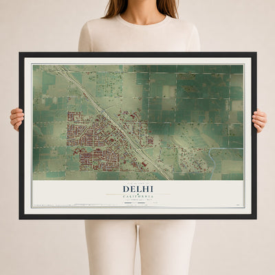 Map of Delhi, California, 24 x 36 inch print in a black wood frame
