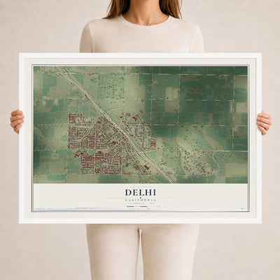 Map of Delhi, California, 24 x 36 inch print in a white wood frame