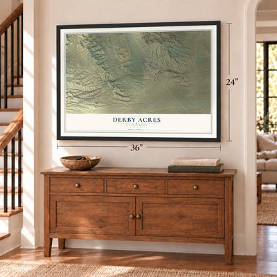 Derby Acres, California map, 24 x 36 inch print in a black frame above a dresser by a staircase