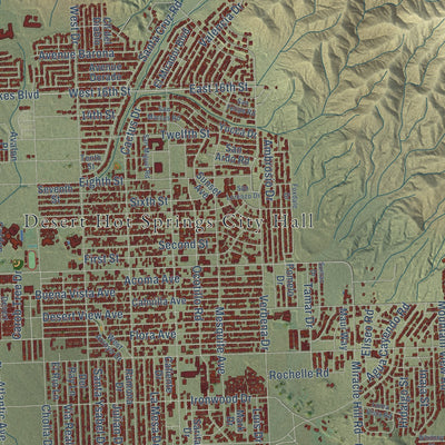 Close-up of the map of Desert Hot Springs, California print showing street and building detail