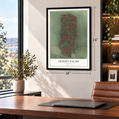 Desert Palms, California map, 18 x 24 inch print in a black frame in a home office