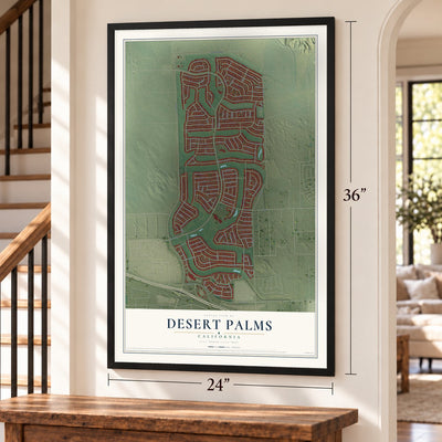 Desert Palms, California map, 24 x 36 inch print in a black frame by a staircase