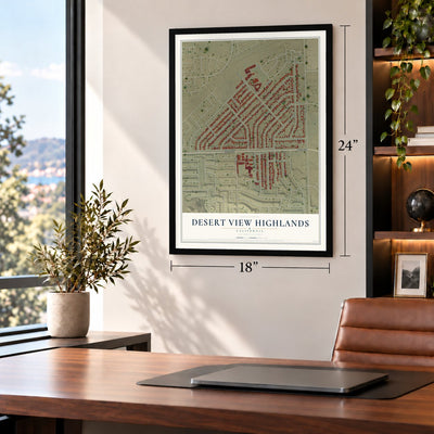 Desert View Highlands, California map, 18 x 24 inch print in a black frame in a home office