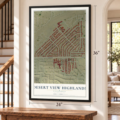 Desert View Highlands, California map, 24 x 36 inch print in a black frame by a staircase