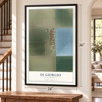 Di Giorgio, California map, 24 x 36 inch print in a black frame by a staircase