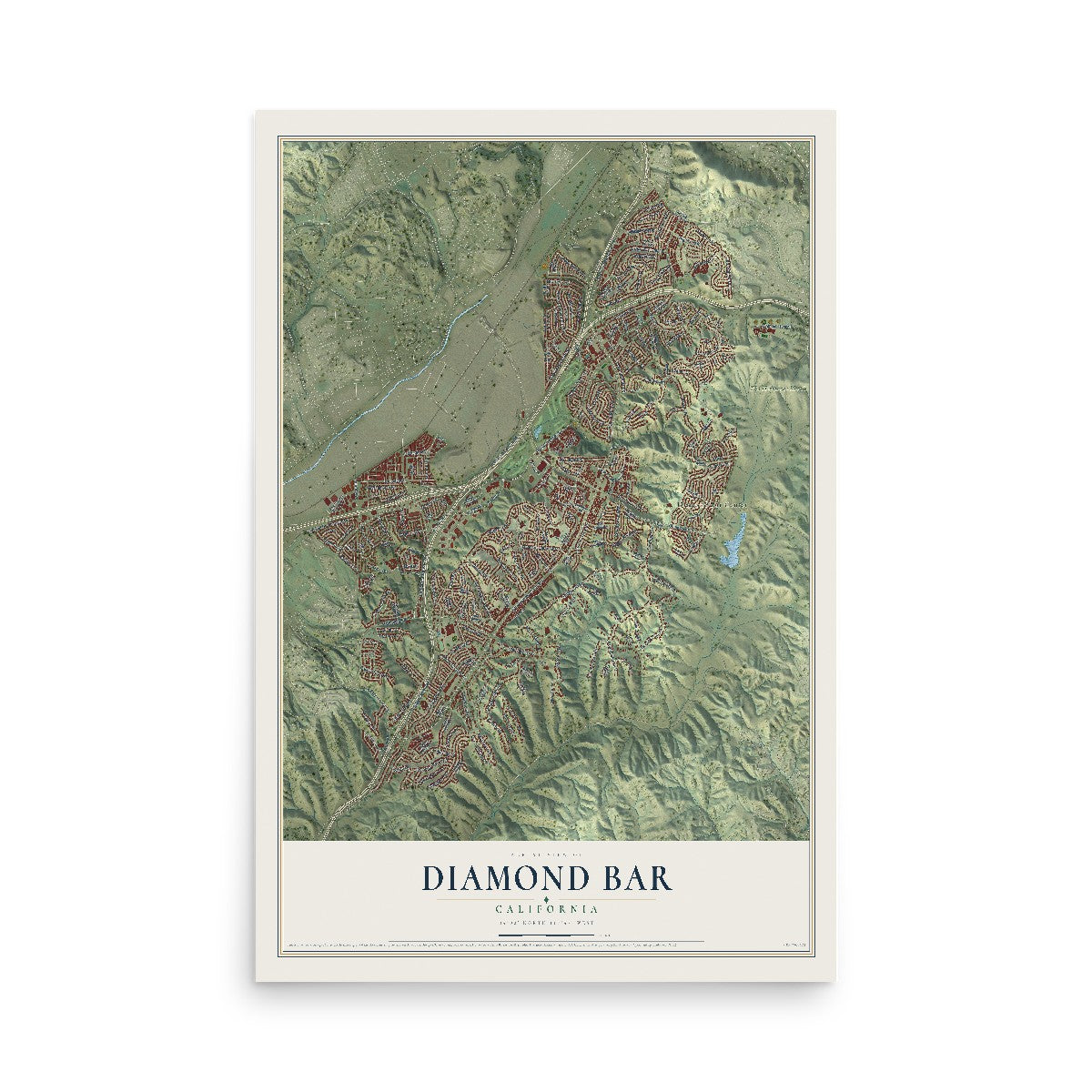 Map of Diamond Bar, California, 12 x 18 inch unframed archival matte print
