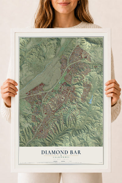 Map of Diamond Bar, California, 18 x 24 inch print in a white wood frame