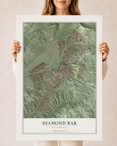 Map of Diamond Bar, California, 24 x 36 inch print in a white wood frame