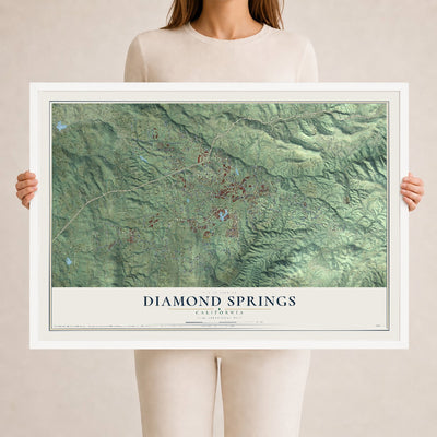 Map of Diamond Springs, California, 24 x 36 inch print in a white wood frame