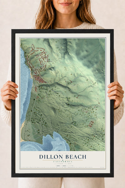Map of Dillon Beach, California, 18 x 24 inch print in a black wood frame
