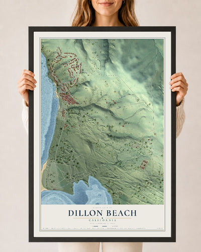 Map of Dillon Beach, California, 24 x 36 inch print in a black wood frame