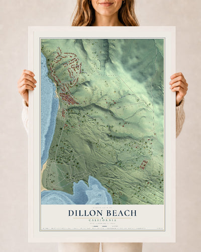 Map of Dillon Beach, California, 24 x 36 inch print in a white wood frame