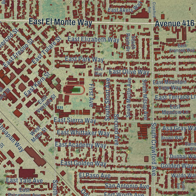 Close-up of the map of Dinuba, California print showing street and building detail