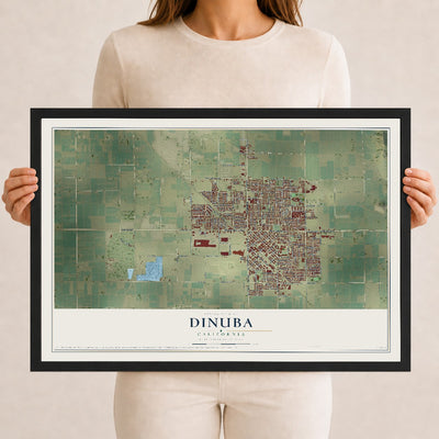 Map of Dinuba, California, 12 x 18 inch print in a black wood frame