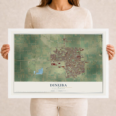 Map of Dinuba, California, 12 x 18 inch print in a white wood frame