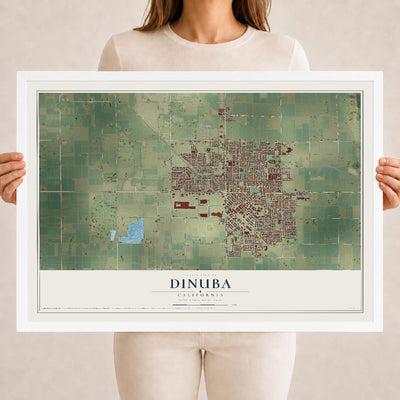 Map of Dinuba, California, 18 x 24 inch print in a white wood frame