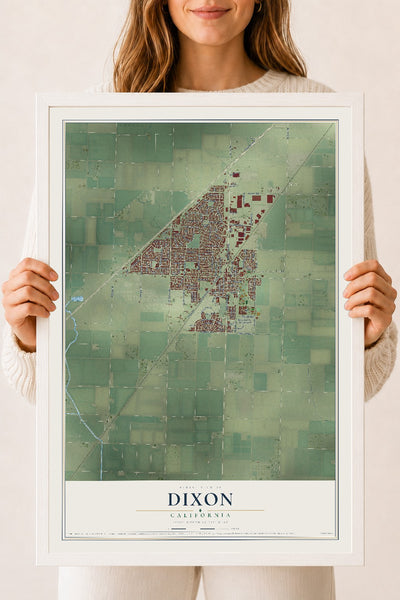 Map of Dixon, California, 18 x 24 inch print in a white wood frame