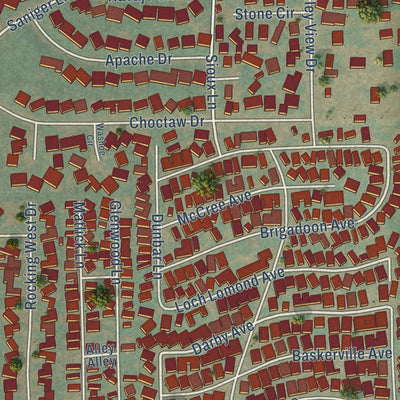 Close-up of the map of Dixon Lane-MeadowCreek, California print showing street and building detail