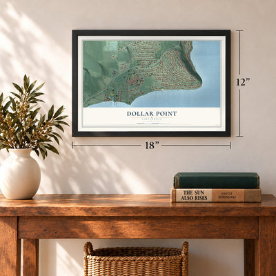 Dollar Point, California map, 12 x 18 inch print in a black frame in an entryway