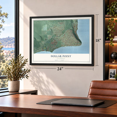 Dollar Point, California map, 18 x 24 inch print in a black frame in a home office