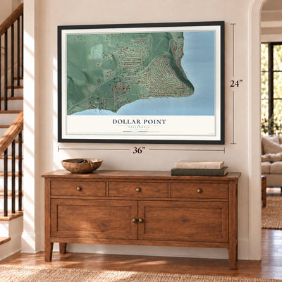 Dollar Point, California map, 24 x 36 inch print in a black frame above a dresser by a staircase
