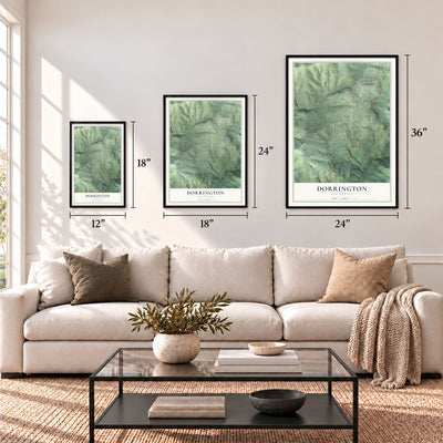 Dorrington, California map in 12 x 18, 18 x 24 and 24 x 36 inch sizes above a sofa