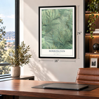 Dorrington, California map, 18 x 24 inch print in a black frame in a home office