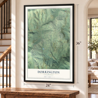 Dorrington, California map, 24 x 36 inch print in a black frame by a staircase