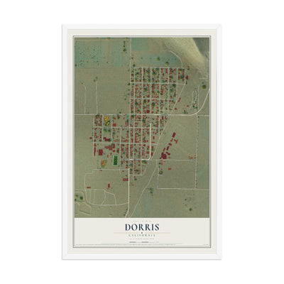 Map of Dorris, California, 12 x 18 inch print in a white wood frame