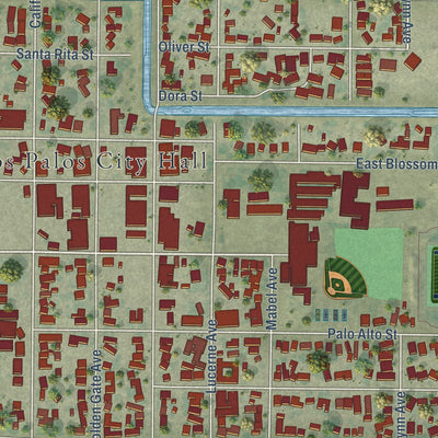 Close-up of the map of Dos Palos, California print showing street and building detail