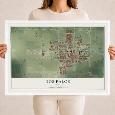 Map of Dos Palos, California, 18 x 24 inch print in a white wood frame