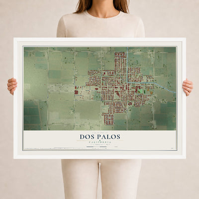 Map of Dos Palos, California, 24 x 36 inch print in a white wood frame