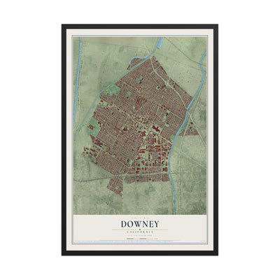 Map of Downey, California, 12 x 18 inch print in a black wood frame