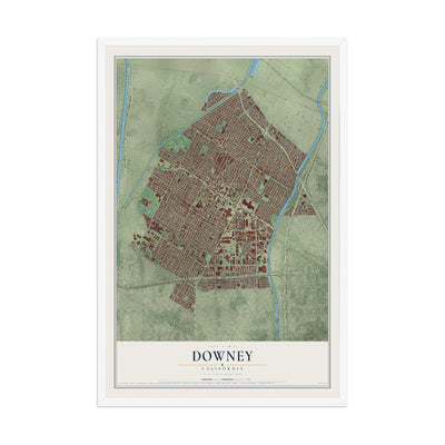 Map of Downey, California, 12 x 18 inch print in a white wood frame