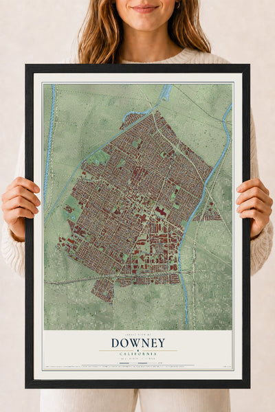 Map of Downey, California, 18 x 24 inch print in a black wood frame
